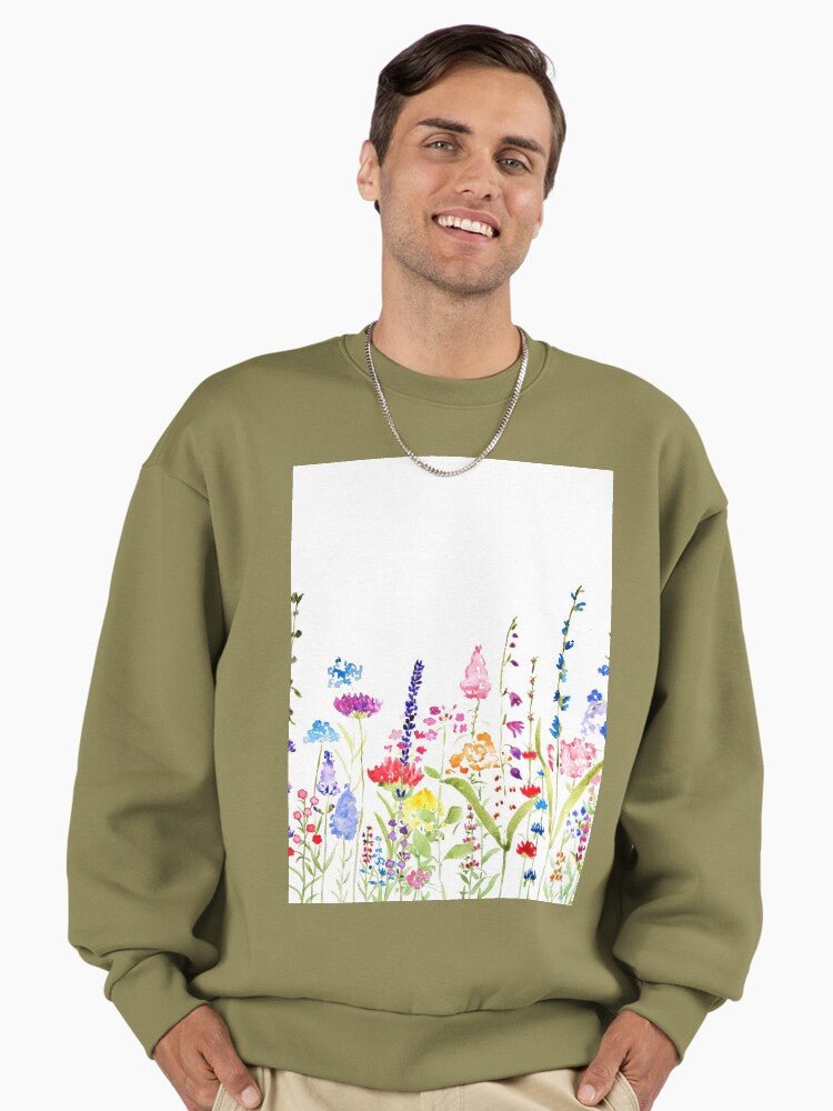 Wildflower Field Sweatshirt | Hand-Painted Colorful Oversized Top Light Olive