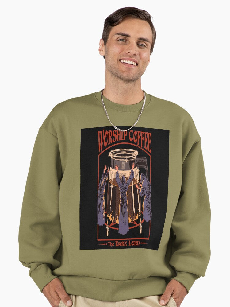 Worship Coffee Slogan Sweatshirt, Funny Caffeine Lover Oversized Top Light Olive