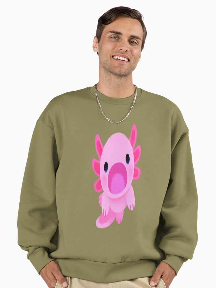 Happy Axolotl Graphic Sweatshirt, Cute Oversized Loungewear Top Light Olive