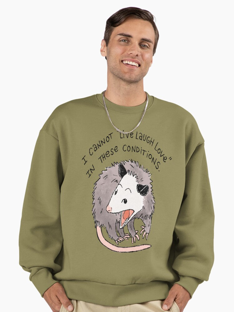 Live Laugh Love" Opossum, Funny Trash Animal Meme Sweatshirt Light Olive