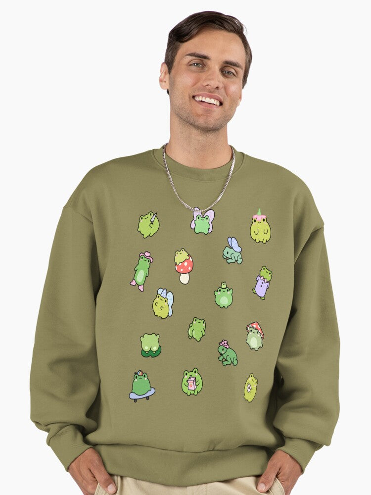 Cute Frog Pack Sweatshirt | Adorable Amphibian Lover Oversized Top Light Olive