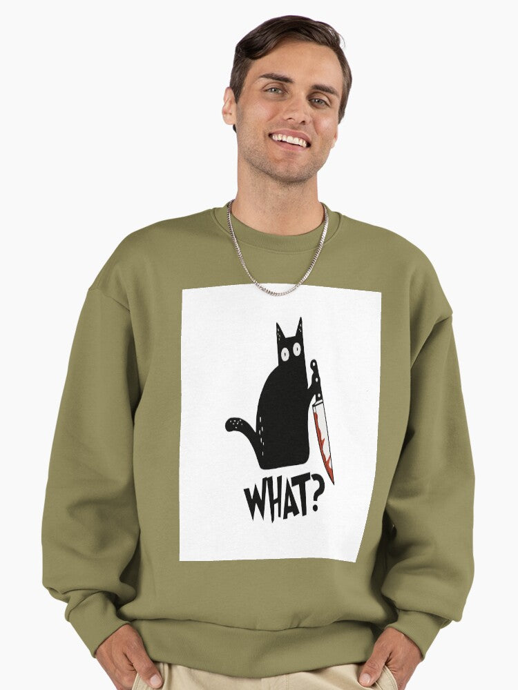 Murderous Black Cat with Knife Sweatshirt | "Cat What?" Meme Top Light Olive