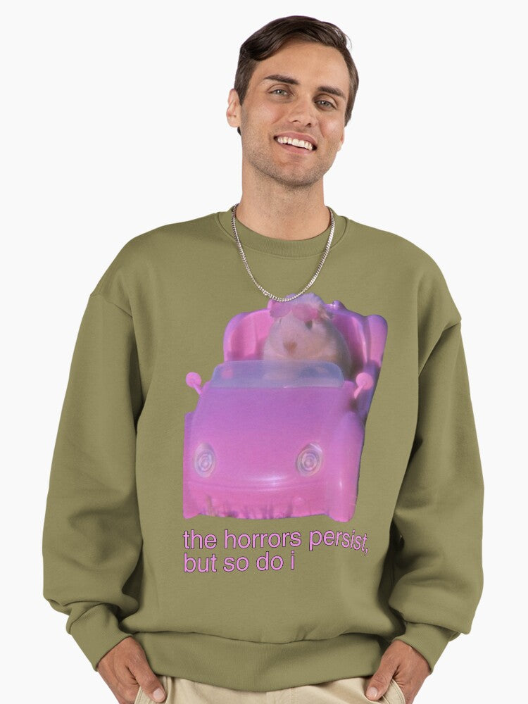 The Horrors Persist" Hamster Meme Sweatshirt | Funny Oversized Top Light Olive
