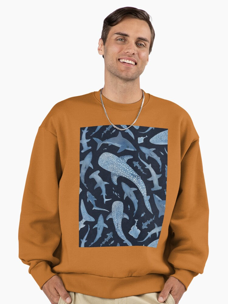 Monochrome Blue Shark Sweatshirt, Watercolour Ocean Life Art Top Clay