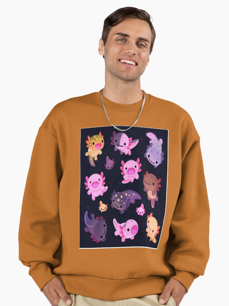 Cheerful Axolotl Graphic, Cute Animal Lover Oversized Sweatshirt Clay