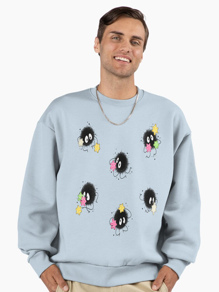 Cute Soot Spirits, Japanese Anime Inspired Oversized Sweatshirt Stonewash Denim