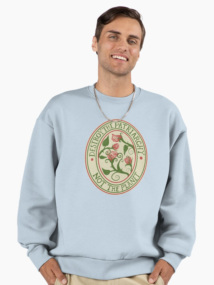 Destroy Patriarchy Not Planet, Eco-Friendly Oversized Sweatshirt Stonewash Denim