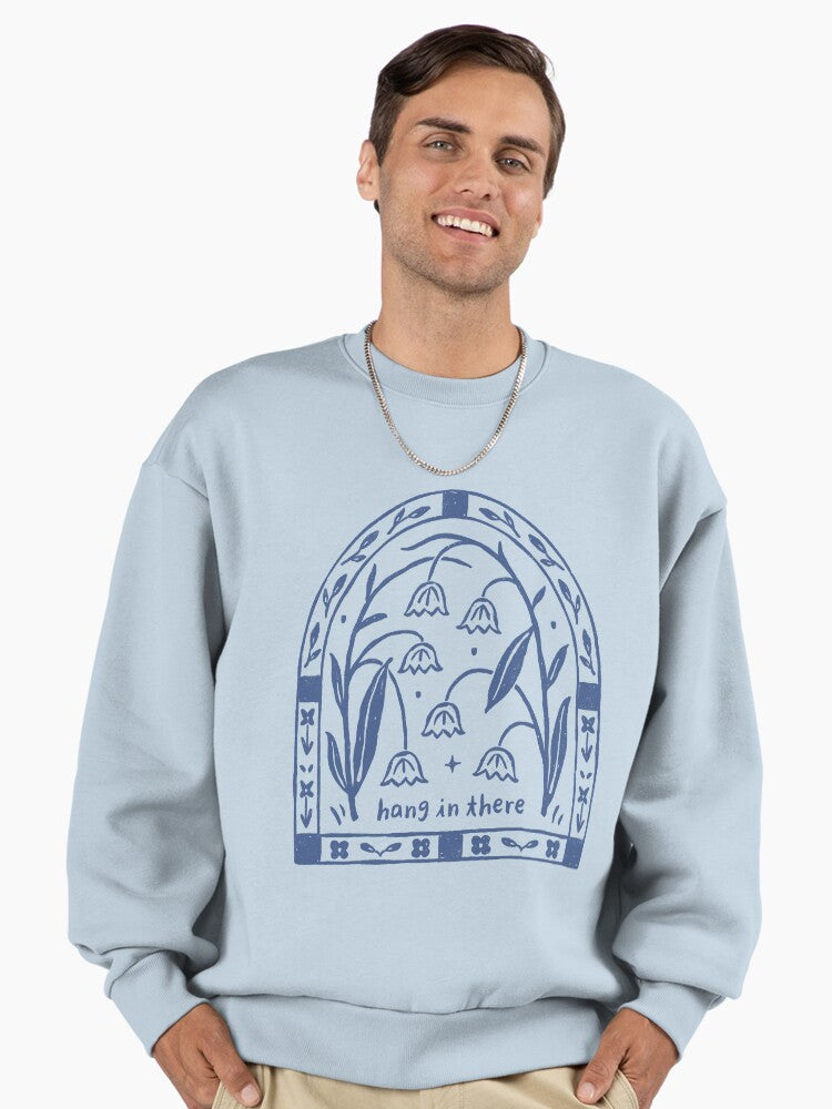 Hang in There" Bluebells Sweatshirt | Block Print Floral Oversized Top Stonewash Denim