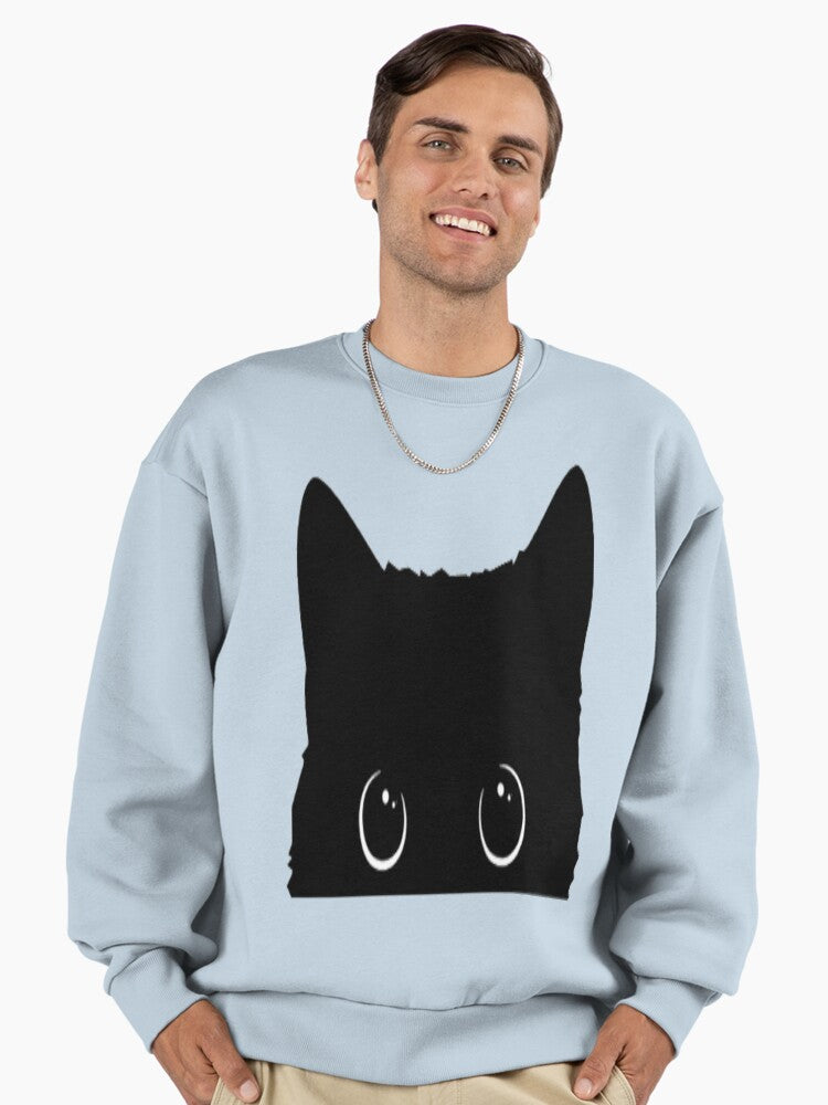 Minimalist Black Cat Graphic, Premium Oversized Sweatshirt Stonewash Denim
