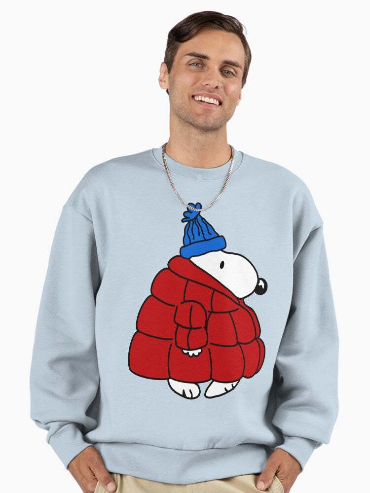 Puffer Coat Snoopy Sweatshirt | Cozy Winter Cartoon Dog Oversized Top Stonewash Denim