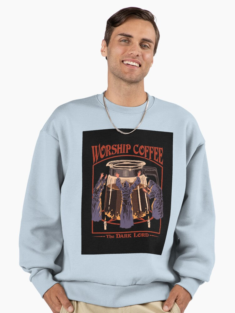 Worship Coffee Oversized Sweatshirt, Funny Caffeine Lover Quote Top Stonewash Denim