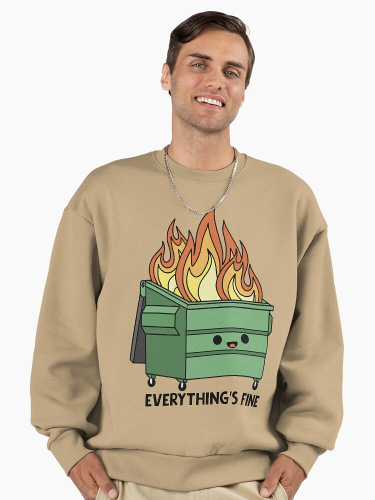 Funny Dumpster Fire 'Everything's Fine' Oversized Sweatshirt Tan