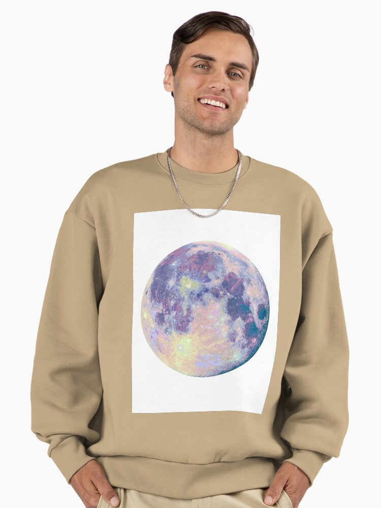 Minimalist Moon Graphic Sweatshirt, Celestial Aesthetic Oversized Tan