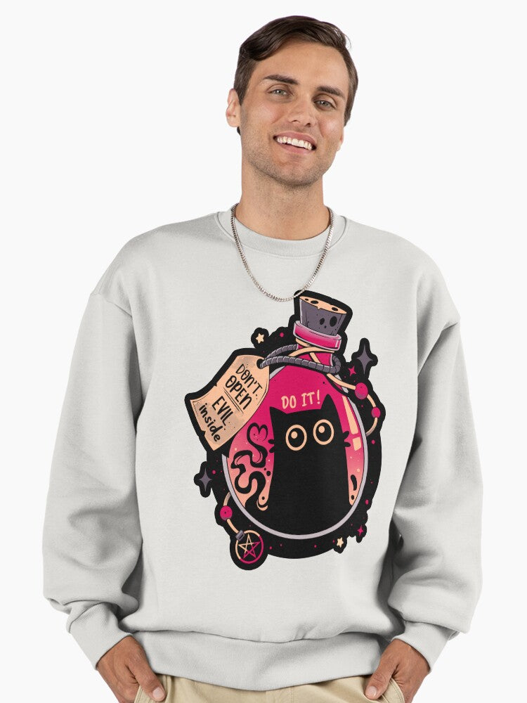 Bottled Menace Evil Black Cat Sweatshirt, Spooky Cute Feline Top Bone