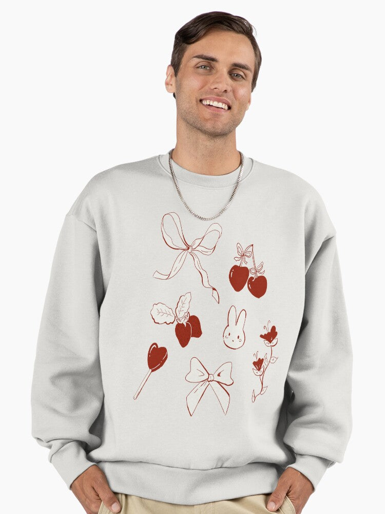 Coquette Ribbon & Cherry Print, Aesthetic Oversized Sweatshirt Bone