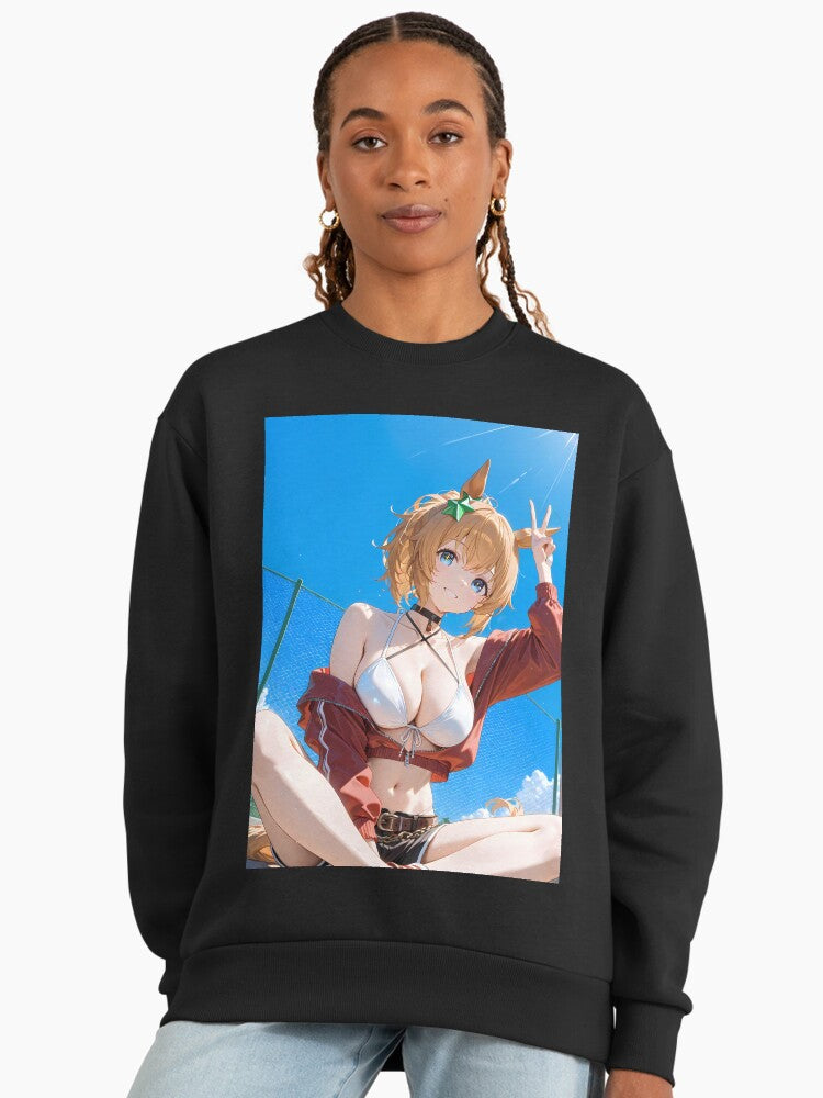 Taiki Shuttle Summer Sweatshirt, Oversized Uma Musume Anime Top Black