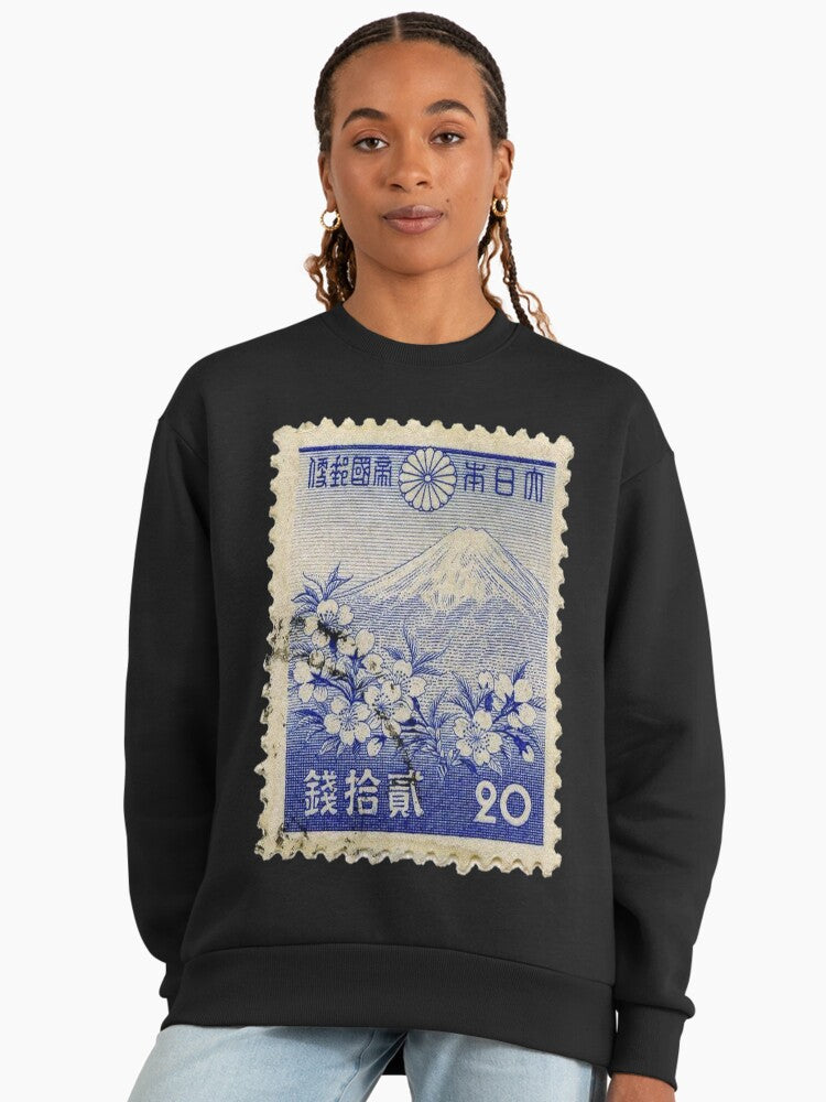 Vintage Japanese Postcard Sweatshirt, Ukiyo-e Art Style Top Black