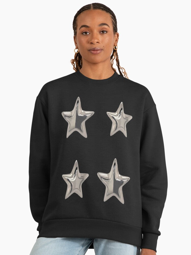Metallic Stars Graphic Sweatshirt, Celestial Space Aesthetic Top Graphite Black