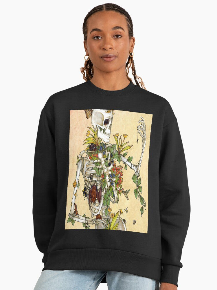 Floral Skull Graphic Sweatshirt, Bones and Botany Pullover Black