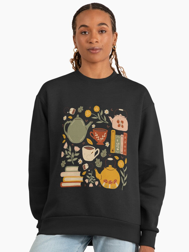 Flowery Books and Tea Sweatshirt | Cozy Reader Aesthetic Oversized Top Black