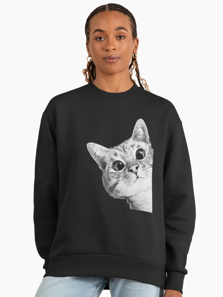 Sneaky Cat Peeking Graphic, Funny Feline Oversized Sweatshirt Graphite Black