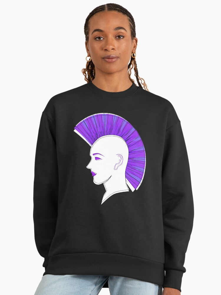 Purple Mohawk Silhouette Sweatshirt, Edgy Alt Hairstyle Graphic Black