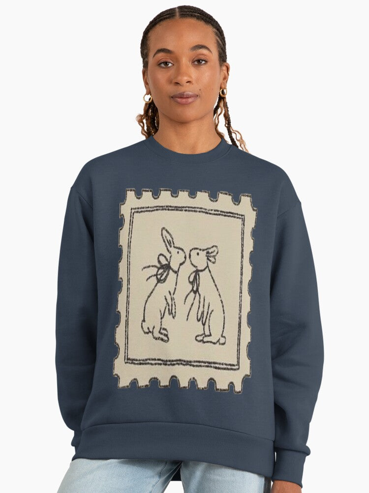 Vintage Rabbit Stamp Art Print, Premium Oversized Sweatshirt Midnight Navy