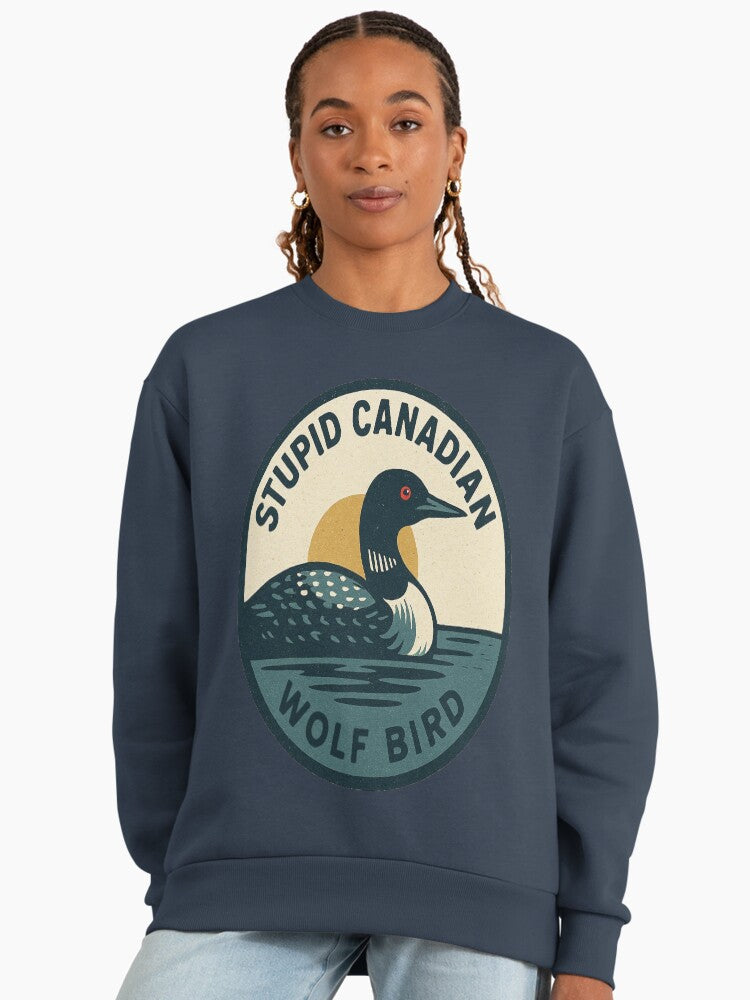 Stupid Canadian Wolf Bird Meme, Funny Graphic Sweatshirt Midnight Navy