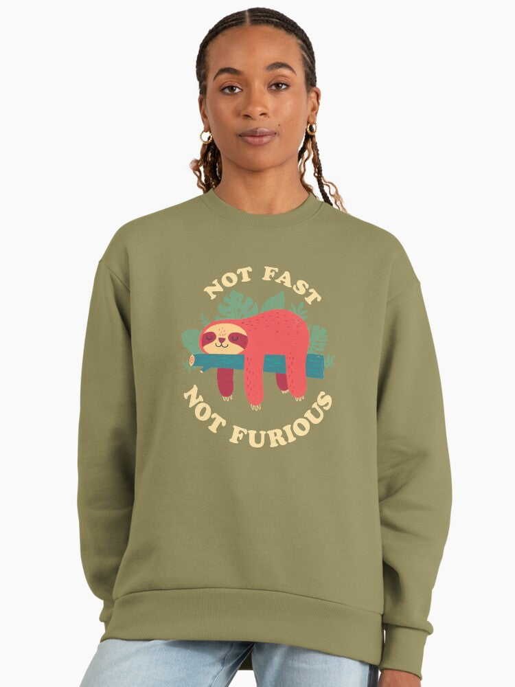 Not Fast, Not Furious" Sloth Sweatshirt | Funny Animal Oversized Top Light Olive