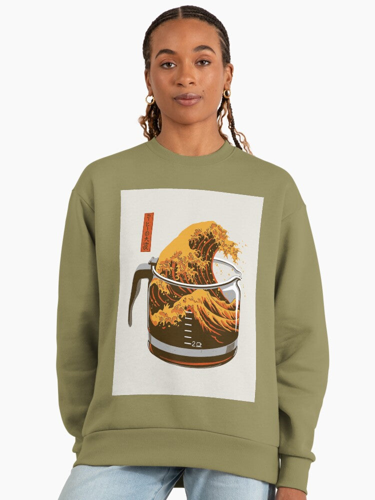 The Great Wave of Caffeine Sweatshirt | Funny Coffee Lover Art Top Light Olive