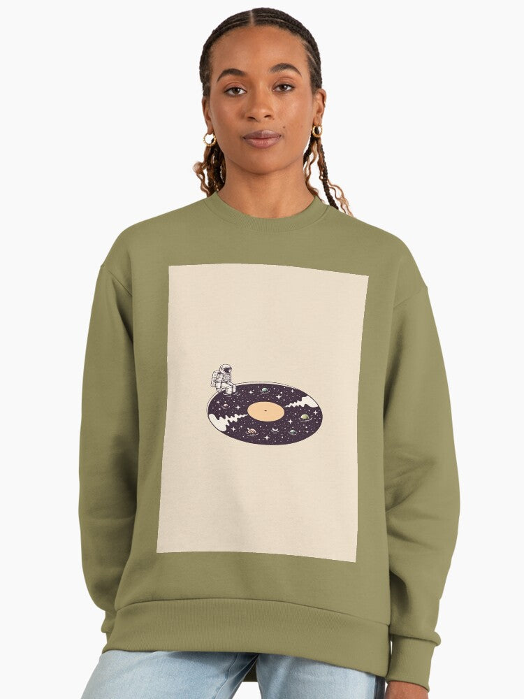 Premium Cosmic Sound Sweatshirt, Abstract Graphic Pullover Light Olive