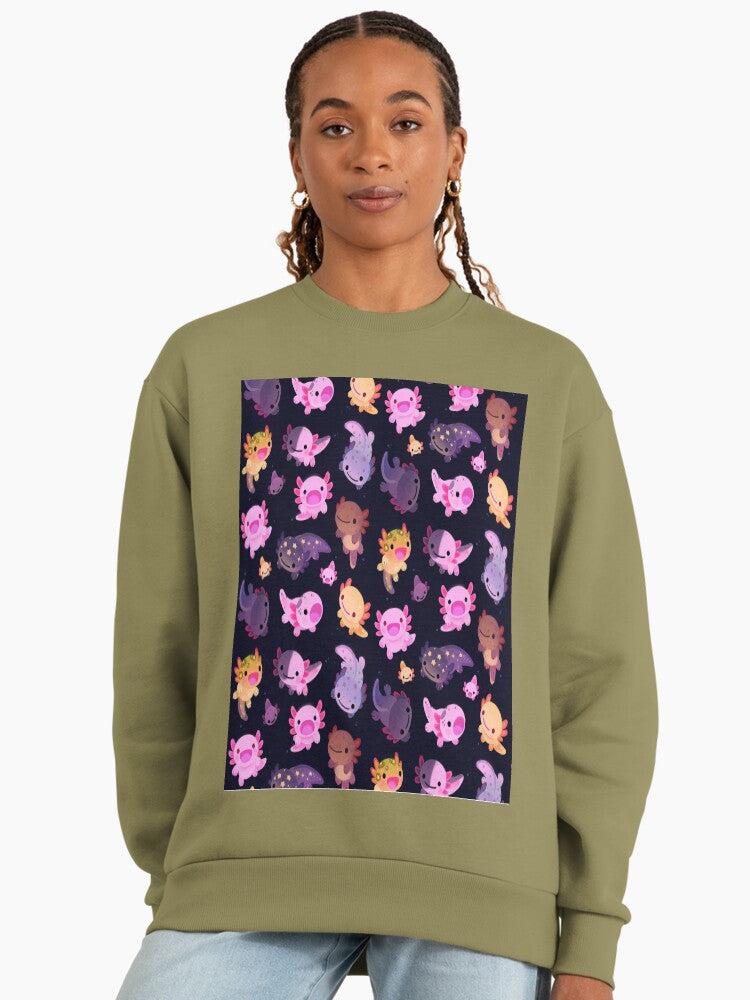 Happy Axolotl Oversized Sweatshirt, Cute Kawaii Animal Lover Gift Light Olive