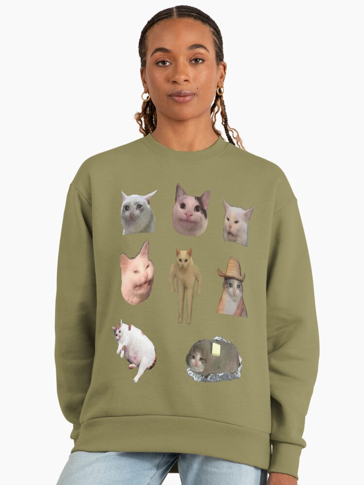 Cat Meme Sticker Pack Sweatshirt, Funny Internet Culture Cats Top Light Olive