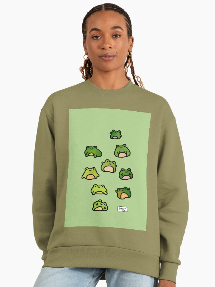 Frogs Doodle Art Print, Cute Graphic Oversized Sweatshirt Light Olive