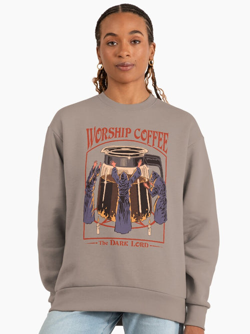 'Worship Coffee' Graphic Print, Coffee Lover Oversized Sweatshirt Shiitake