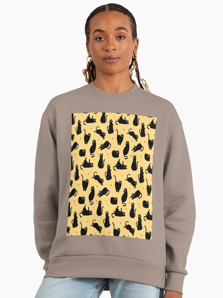 Black Cat Pattern Print, Feline Themed Oversized Sweatshirt Shiitake