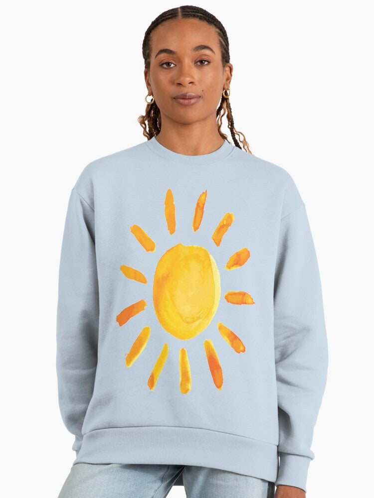 Brushed Watercolor Sun Graphic, Artistic Oversized Sweatshirt Stonewash Denim