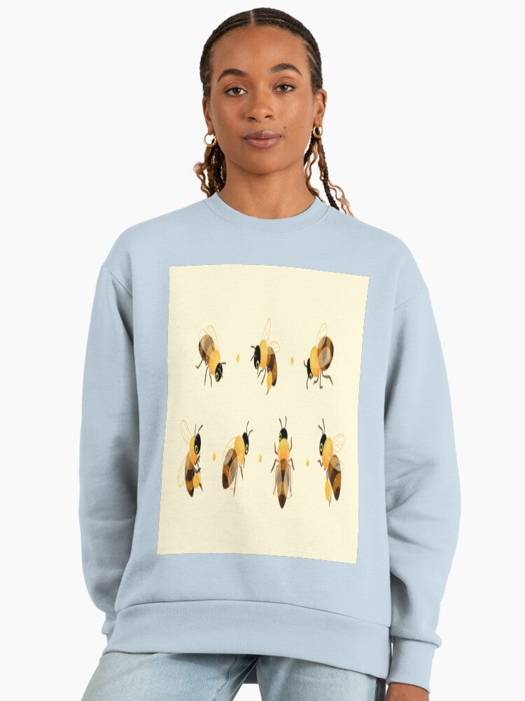 Artistic Honey Bees Graphic, Nature Inspired Oversized Sweatshirt Stonewash Denim