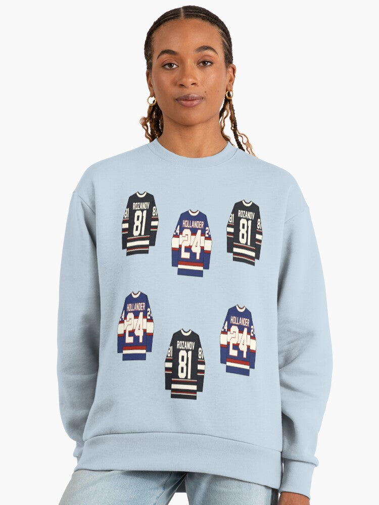 Ilya and Shane Mini Jersey Sweatshirt, Hockey Fan Bootleg Top Stonewash Denim