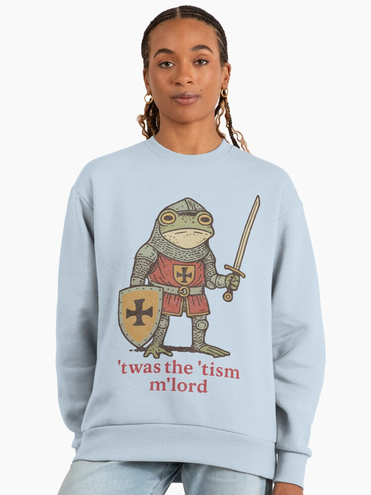 'Twas the ’Tism' Frog Knight, Funny Medieval Meme Sweatshirt Stonewash Denim