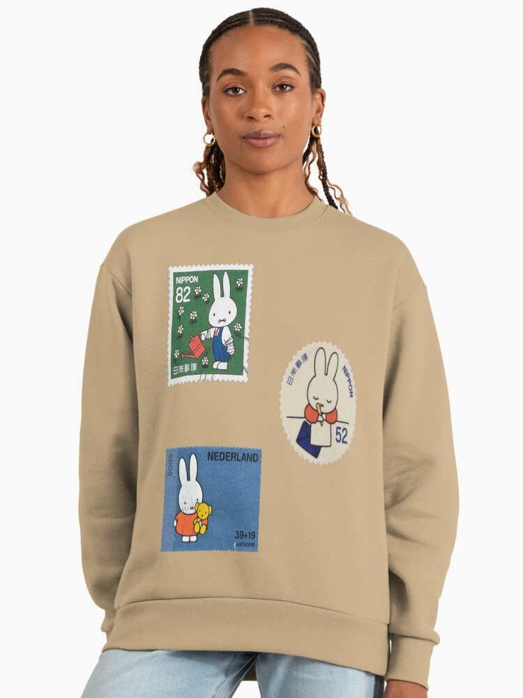Vintage Japanese Bunny Stamp Art, Premium Oversized Sweatshirt Tan