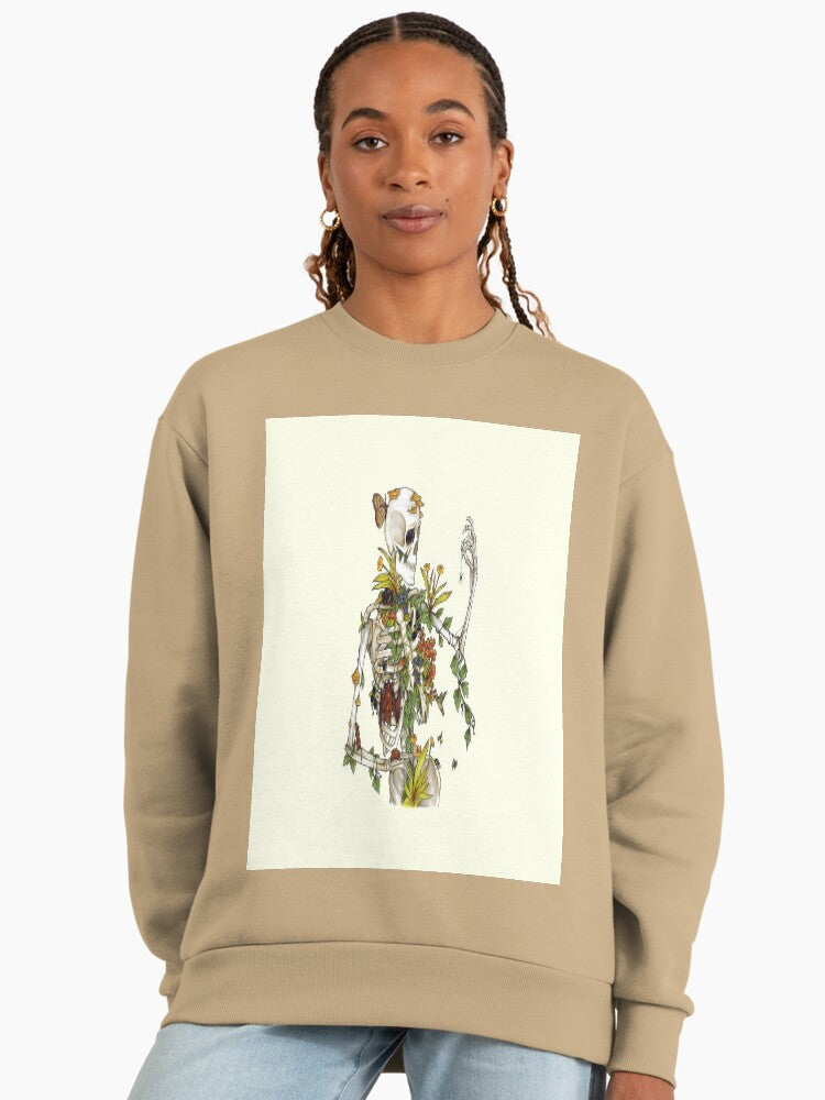 Bones and Botany Floral Skull, Dark Academia Oversized Sweatshirt Tan