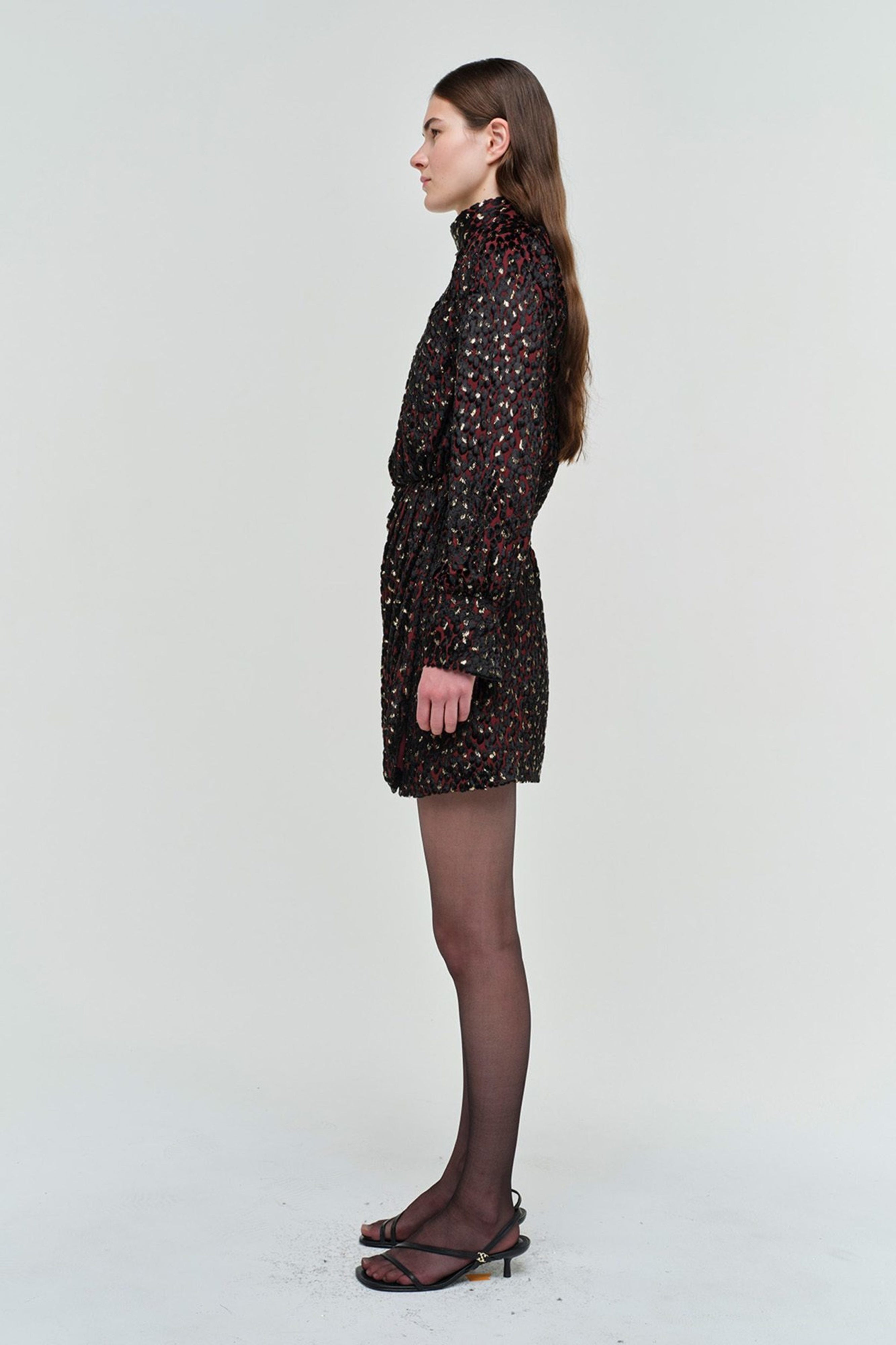 Daphne Mock Neck Mini Dress Oxblood Multi