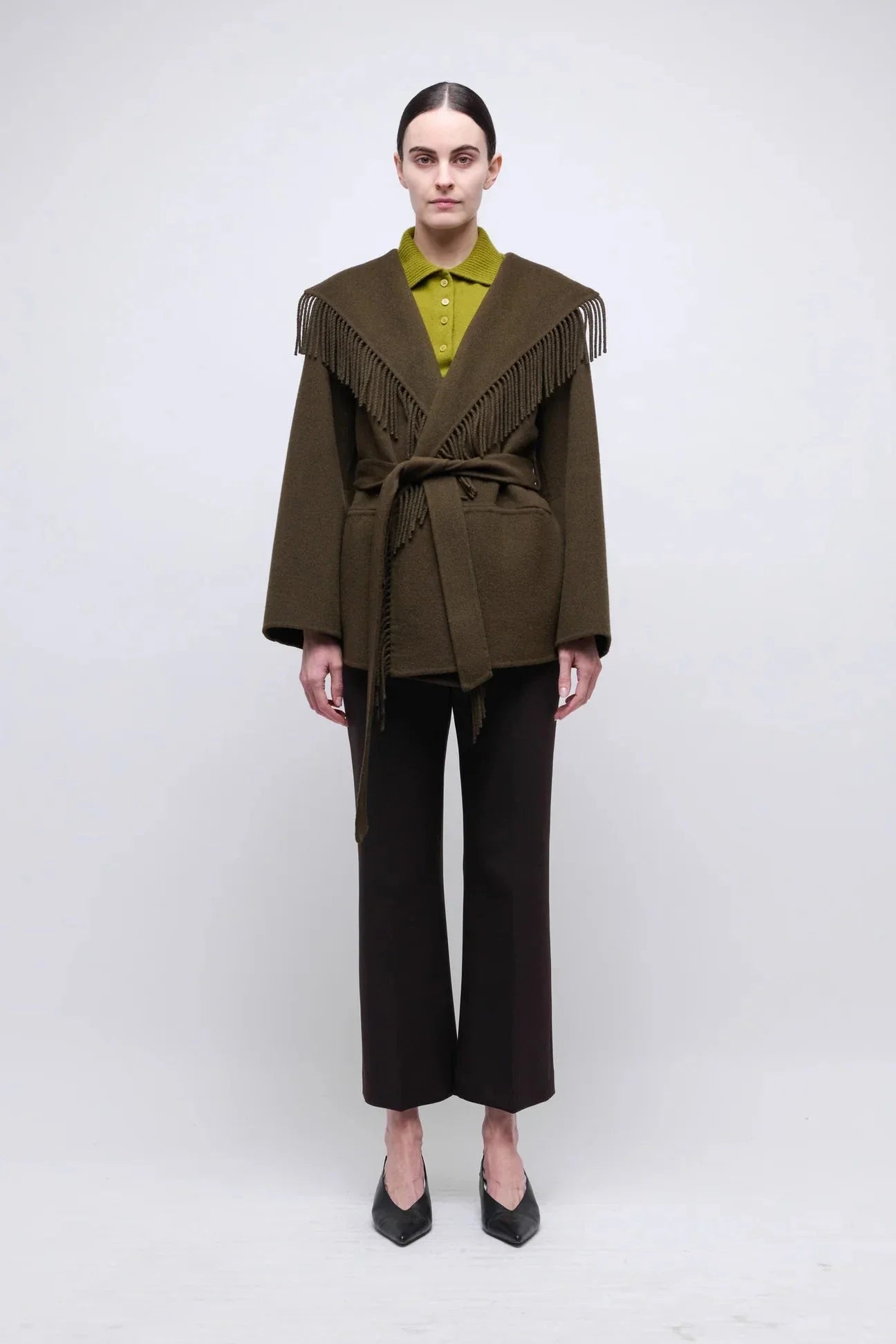 Rowen Fringe Belted Wool-Blend Jacket Alligator