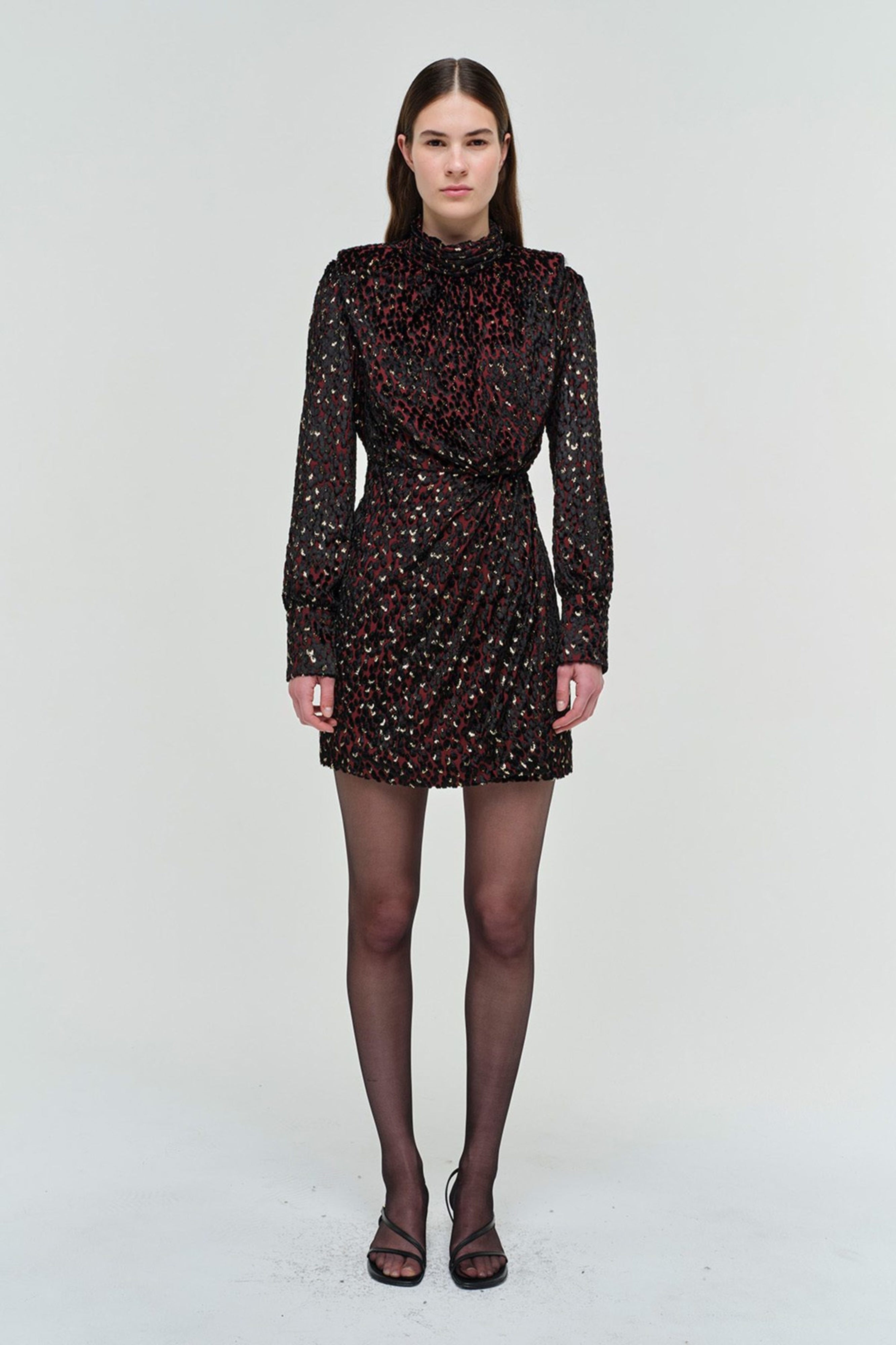 Daphne Mock Neck Mini Dress Oxblood Multi